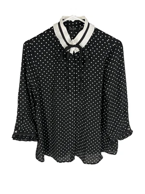 Blusa ZARA BASIC Talla S Cuello Volantes Lunares Negra Abotonada Cuello Corbata Foto 1 de 4