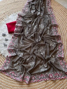 Grey Embroidered Georgette Silk Party Wear Saree, Silver Sequins & Thread Work - Picture 1 of 13