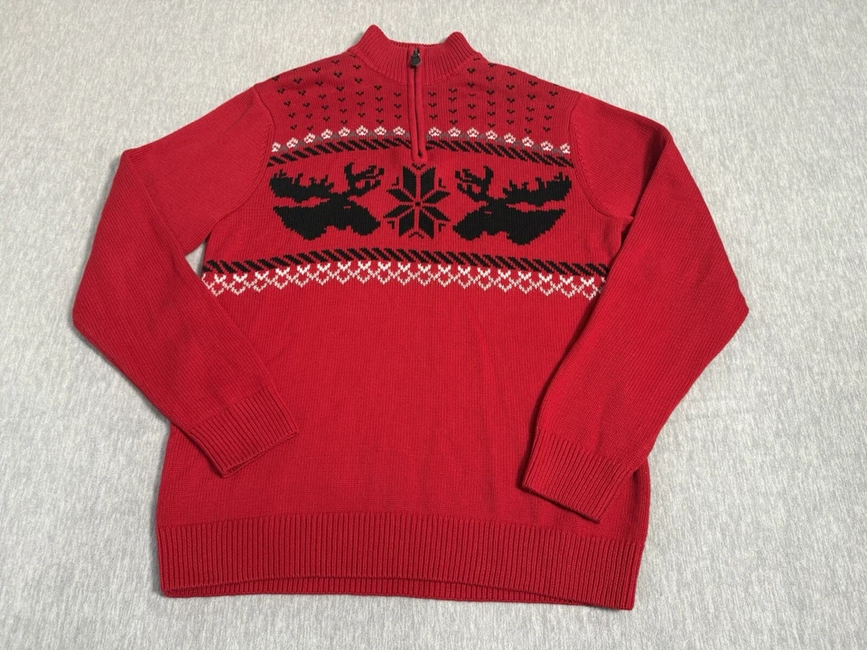 Suéter Chaps Christmas Fair Isle 1/4 Cremallera Rojo Negro Para Hombre L Alce Navidad Foto 1 de 4