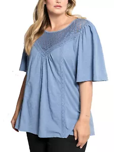 ULLA POPKEN Top Sky Blue Lace Inset Short Sleeve Slub Yarn Sizes 16/18 to 32/34 - Picture 1 of 5