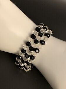 Hand Crafted Black & Crystal Clear 3 Piece Stretchable Beaded Bracelet 7.5”