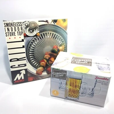 GIBSON HOME JEWELITE 4 СТЕКЛЯННЫЕ КРУЖКИ 21 унций новый в коробке + метро бездымная плита верхний гриль - Изображение 1 из 4