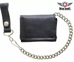 Heavy Duty Plain Black Leather Tri-Fold Chain Wallet Motorcycle Biker Accessory - Picture 1 of 12