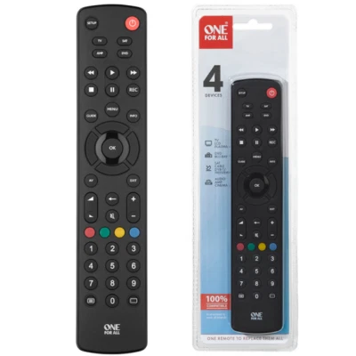 ONE FOR ALL CONTOUR UNIVERSAL 4 IN 1 TV REMOTE CONTROL 10M RANGE BLACK - URC1240 - Image 1 of 4