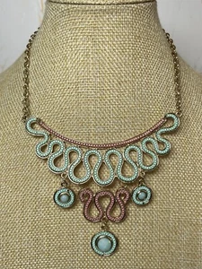 Statement Gold Tone Swirly Turquoise & Peach Chain Inlaid Panel Bib Necklace 729 - Picture 1 of 11