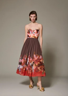 Badgley Mischka PRINT FLORAL STRAPLESS BROWN Midi Dress SZ 4 PRE FALL 2025  $650 - Image 1 of 3