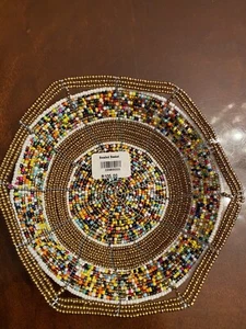 Lively Gorgeous African Multicolored Beaded Basket with Gold Ruffled Edge NWT - Picture 1 of 2