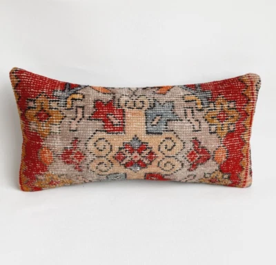 Multicolor Boho Rug Pillow Cover , Handwoven Vintage Carpet Pillow Case 12x24 - Image 1 of 4