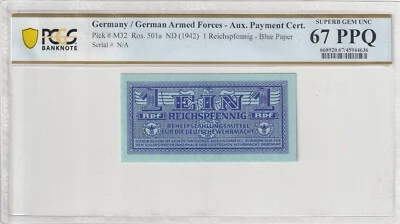 Alemania 1942 1 Reichspfennig Certificado PCGS Billete UNC 67 PPQ Pick M32 Segunda Guerra Mundial Foto 1 de 2