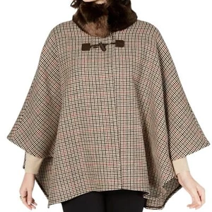 Jones New York Wool Cape Houndstooth Plaid Faux Fur Collar Wrap Sweater One Size - Picture 1 of 16