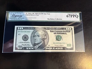DBR 1999 $10 Boston STAR Fr. 2034-A* Superb Gem Legacy 67 PPQ Serial BA00506390* - Picture 1 of 2