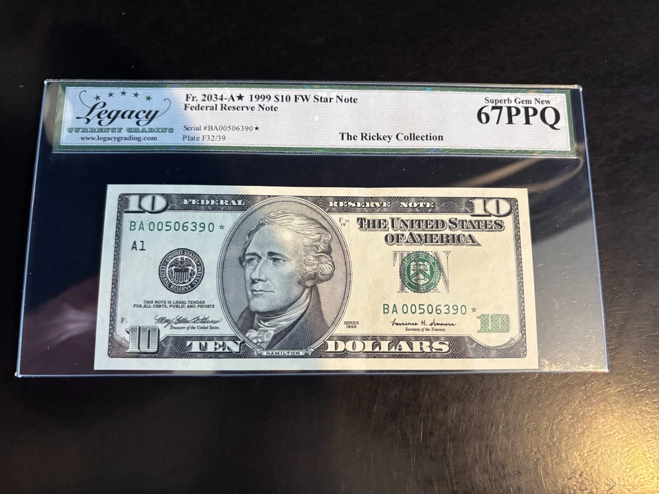 DBR 1999 $10 Boston STAR Fr. 2034-A* Superb Gem Legacy 67 PPQ Serial BA00506390* - Image 1 of 2