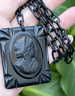 Vtg Chunky Black Bakelite Cameo Pendant on Celluloid Chain Necklace