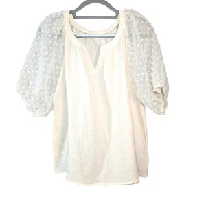 Floral Applique Detail Cuffed Puffed Sleeve Split Neck Boho Blouse Size 1X - Picture 1 of 6