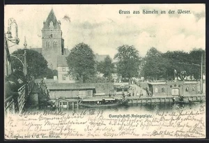 AK Hameln /Weser, Dampfschiff-Anlegeplatz mit Turmblick vom Wasser aus  - Picture 1 of 2