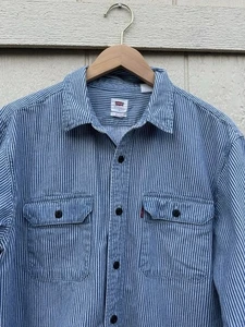 Levis Mens Shirt L Blue Hickory Stripe Relaxed Fit Long Sleeve Twill Railroad - Picture 1 of 9