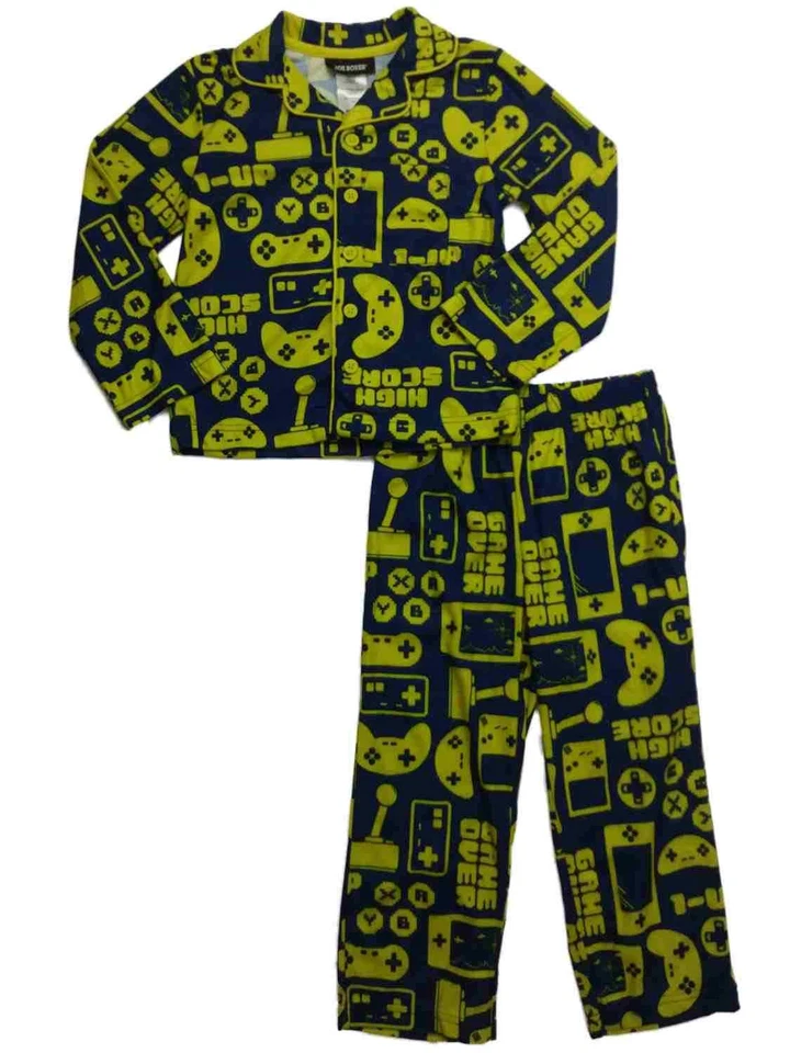 Juego de pijama de franela con control de juego azul y amarillo para niños pequeños Foto 1 de 1