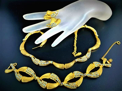 IMPRESIONANTE COLLAR PULSERA PENDIENTES SCHIAPARELLI PLACA ORO CEPILLADO AZUL SIAM ABS Foto 1 de 4