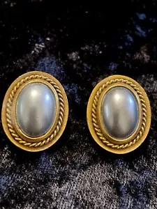 Vintage French YSL Yves Saint Laurent Oval Grey Pearl Clip-on Earrings - Picture 1 of 7