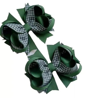 ZANDAS DREAM BOUTIQUE Hunter green and gingham girls school bow Set GINGHAM CHECKED