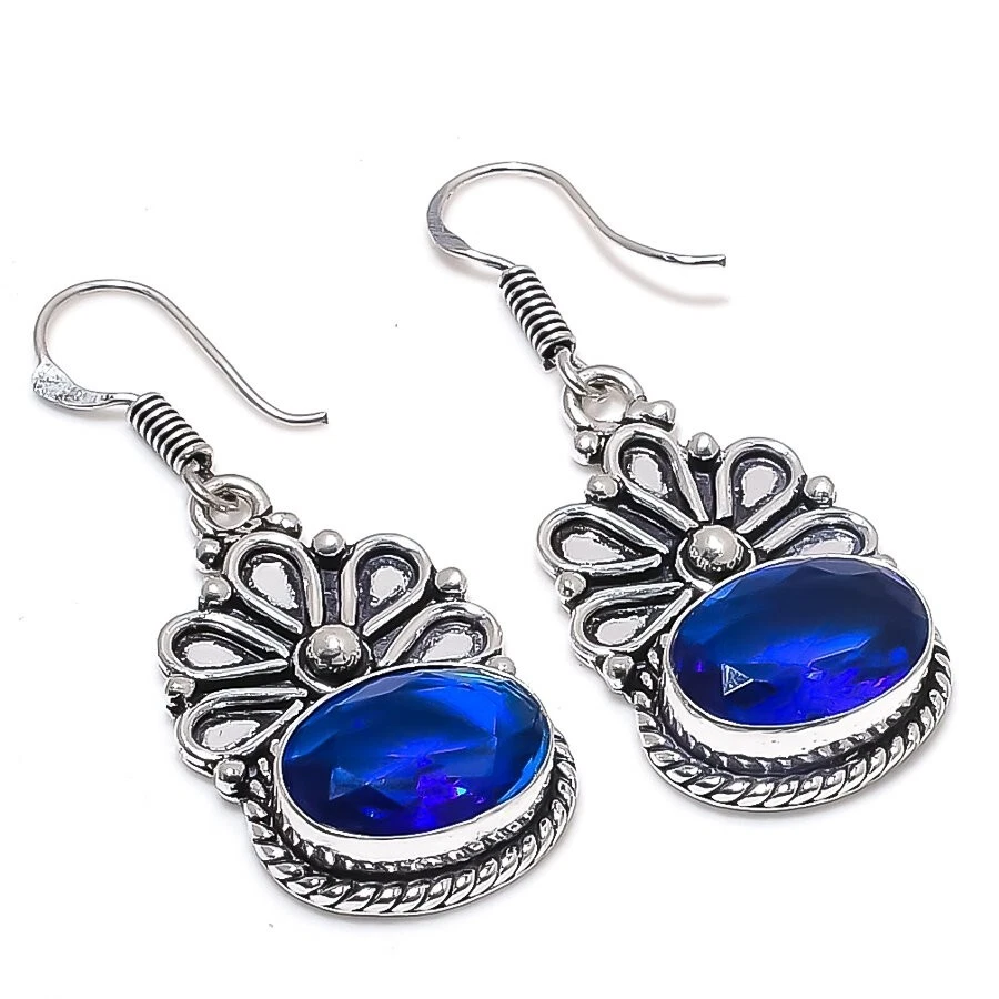 Blue Tanzanite Gemstone Handmade 925 Sterling Silver Jewelry Earrings Size 1.65" - Image 1 of 1