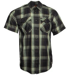 Dixxon Flannel Reload Pearl Snap Green Black Plaid Bamboo Short Sleeve Shirt - Picture 1 of 6