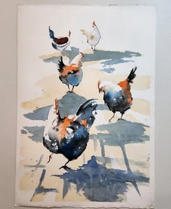 Original Watercolor Painting By Emilio Galindo 14x20 - Roosters - Lot 243 - Picture 1 of 5