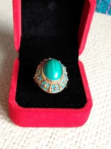 VINTAGE ART DECO CHINESE G925 RING TURQUIOSE ENAMEL SILVER GILT GREEN STONE - Picture 1 of 11