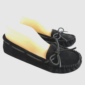 MinneTonka Women Size 9 M Black Leather Slip On Moccasin Memory Foam Shoes - Picture 1 of 13