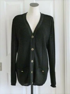 ST JOHN Ribbed Santana Long V-Neck Cardigan Sweater Jacket~SJ Logo Buttons~M/L - Picture 1 of 10