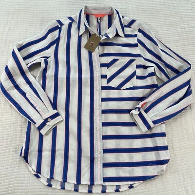 Camisa Joules Top Mujer 6 Azul Blanco Mezcla de Lino Rayas Lorena Preppy Náutica Foto 1 de 4
