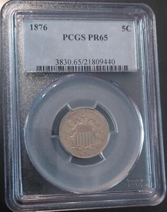 ✰ 1876 PROOF US 5 CENT SHIELD NICKEL 5c Coin PCGS PR65 1150 Minted R-6.7 ✰ - Picture 1 of 4