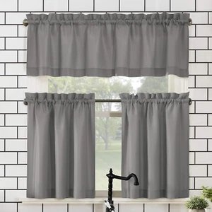 Martine Microfiber Semi-Sheer Rod Pocket Kitchen Curtain Valance and Tiers Set,  - Picture 1 of 13