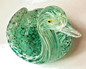 VTG Murano Art Glass Green Swan 24k Infused Gold Flecks w/Applied Eyes Dish - Picture 1 of 8