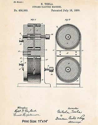Nikola Tesla Patent Inventions Generator 1889 Kunstdruck kreative Geschenkidee 11x14 - Bild 1 von 2