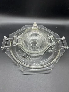 Vintage Double Baltimore Jeanette Clear Glass Pear Domed Butter Dish and Platter - Picture 1 of 9