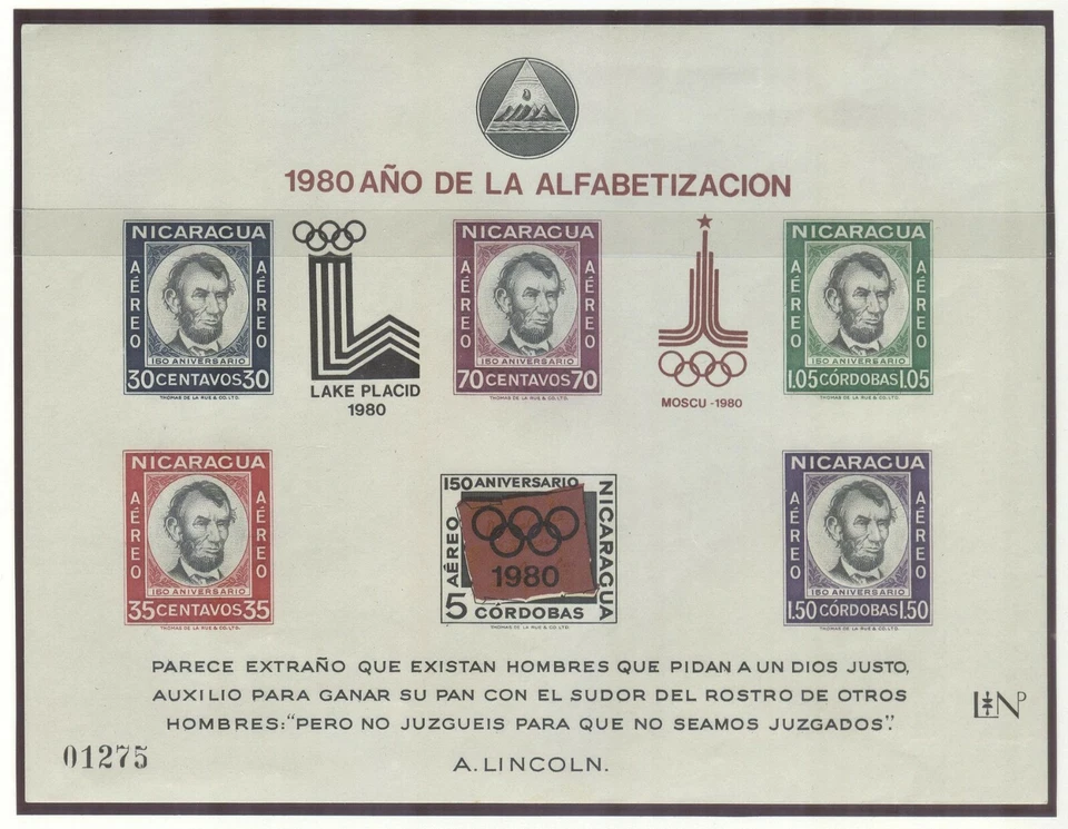 NIcaragua Olympic Games Lake Placid & Moscow 1980 Lincoln Imperforated block MNH - Image 1 of 1