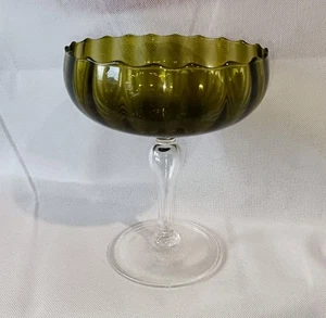 Vintage Art Glass Empoli Olive Green Pedestal Bowl Bon Bon Candy Dish 18cm Tall - Picture 1 of 8