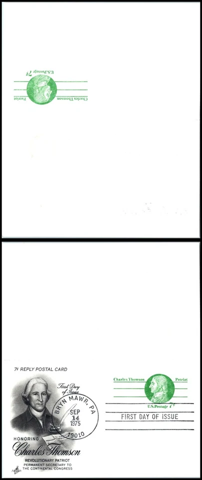 1975 Charles Thomson patriot Sc UY25 reply card FDC ArtCraft cachet Bryn Mawr PA - Image 1 of 1