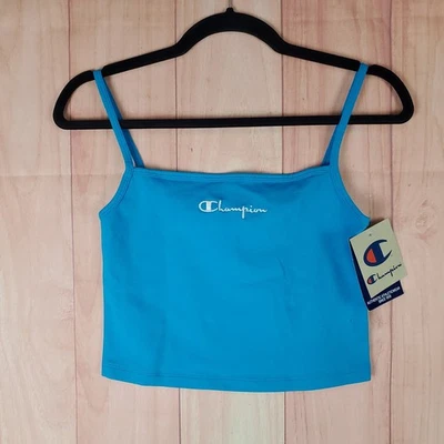 Top corto Champion Everyday para mujer pequeño azul con logotipo algodón elástico atlético Foto 1 de 4
