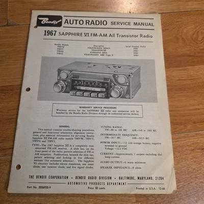 1967 VW SAPPHIRE VI BENDIX AM-FM RADIO SERVICE MANUAL Karmann Ghia Transporter 3 - Image 1 of 4