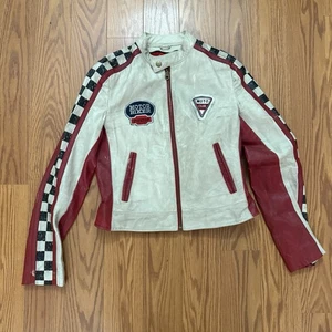 Wilsons Leather Jacket Womens Size S White Red Motor Biker Rebel Racking Patches - Picture 1 of 11