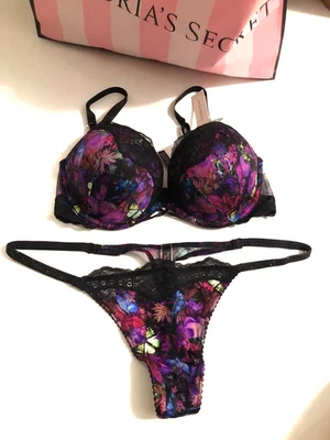 Victoria's Secret Brillo Negro Correa Bombshell Push Up Sujetador Tanga Conjunto Moody Floral Foto 1 de 4