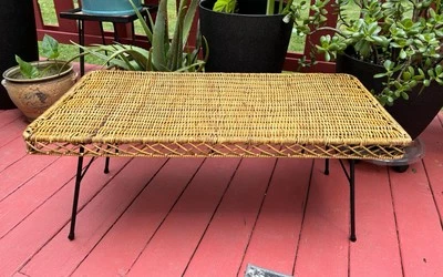 Vintage Mid Century Danny Ho Fong Wicker Rattan Coffee Cocktail Table Iron Legs - Image 1 of 4