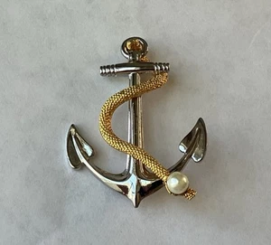 VTG Skippers Choice Anchor with Braided Rope & Faux Pearl Brooch/ Nautical Pin - Picture 1 of 5