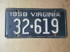 1958 VA Virginia 32-619 License Plate Original Tag YOM
