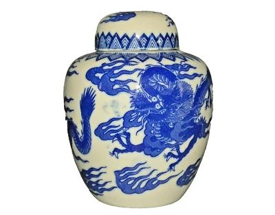 Antique Original Vintage Japanese Blue & White Porcelain Dragon Jar Vase Lid Urn - Image 1 of 4