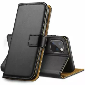 UK Luxury black real leather stand case with card slot for APPLE IPHONE 12 - Picture 1 of 5