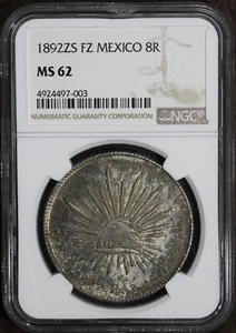 1892 Zs FZ (MS62) Mexico Cap & Rays 8 Reales NGC - Beautiful Original Tone! - Picture 1 of 2