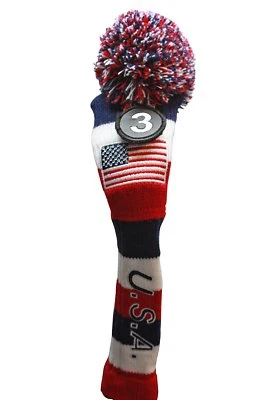 USA AMERICA FLAG Majek #3 Hybrid Golf Pom Pom Knit Rescue Utility Club Headcover - Image 1 of 4